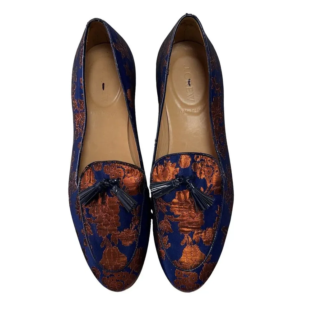 J. Crew Navy & Copper Orange Metallic Jacquard Tasseled Leather Sole Loafer Sz 7